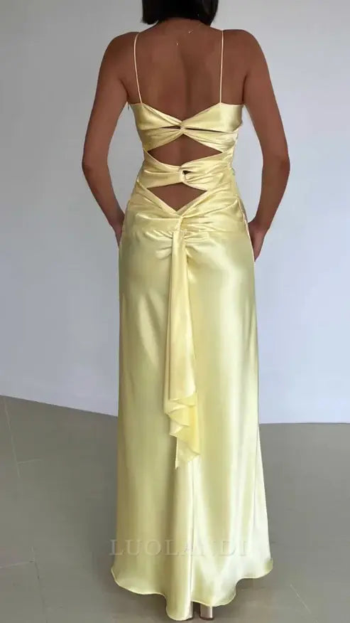 Luolandi Yellow V Neck Straps Long Prom Dress Wedding Guest Dress Charming Evening Party Dress